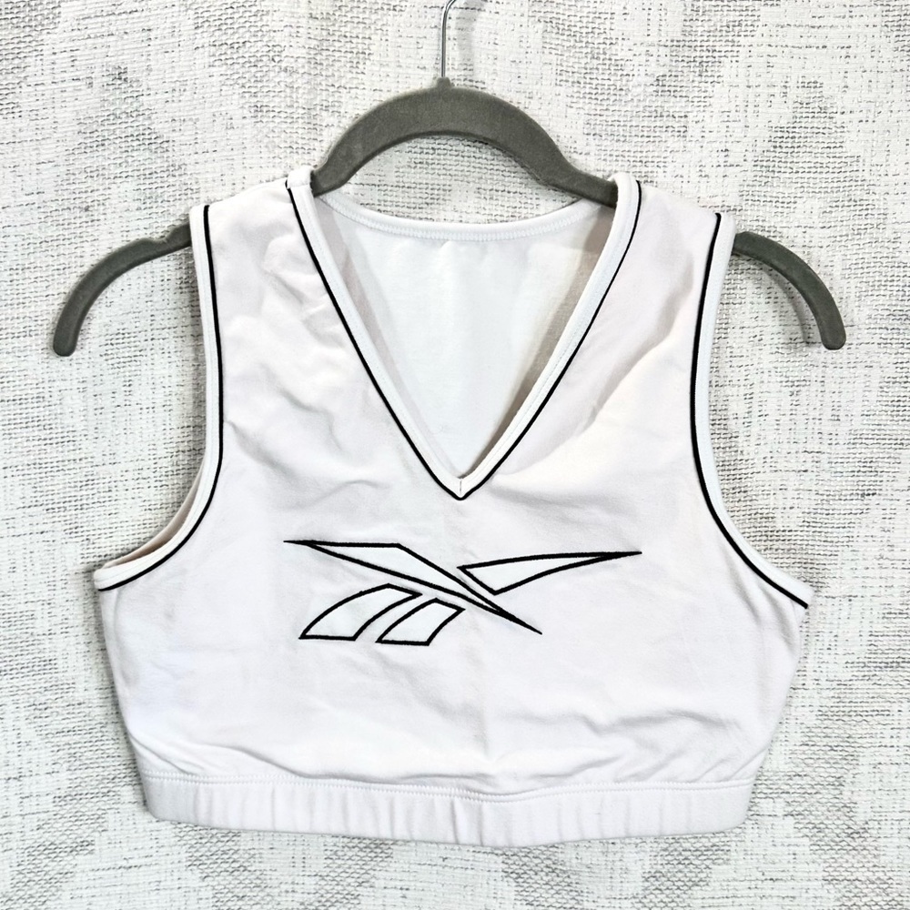 Vintage reebok white cropped v-neck logo tank size L